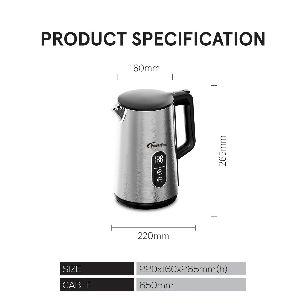 Digital Kettle, Electric Kettle, Cordless Kettle Jug 1.7L Stainless Steel (PPJ2032)