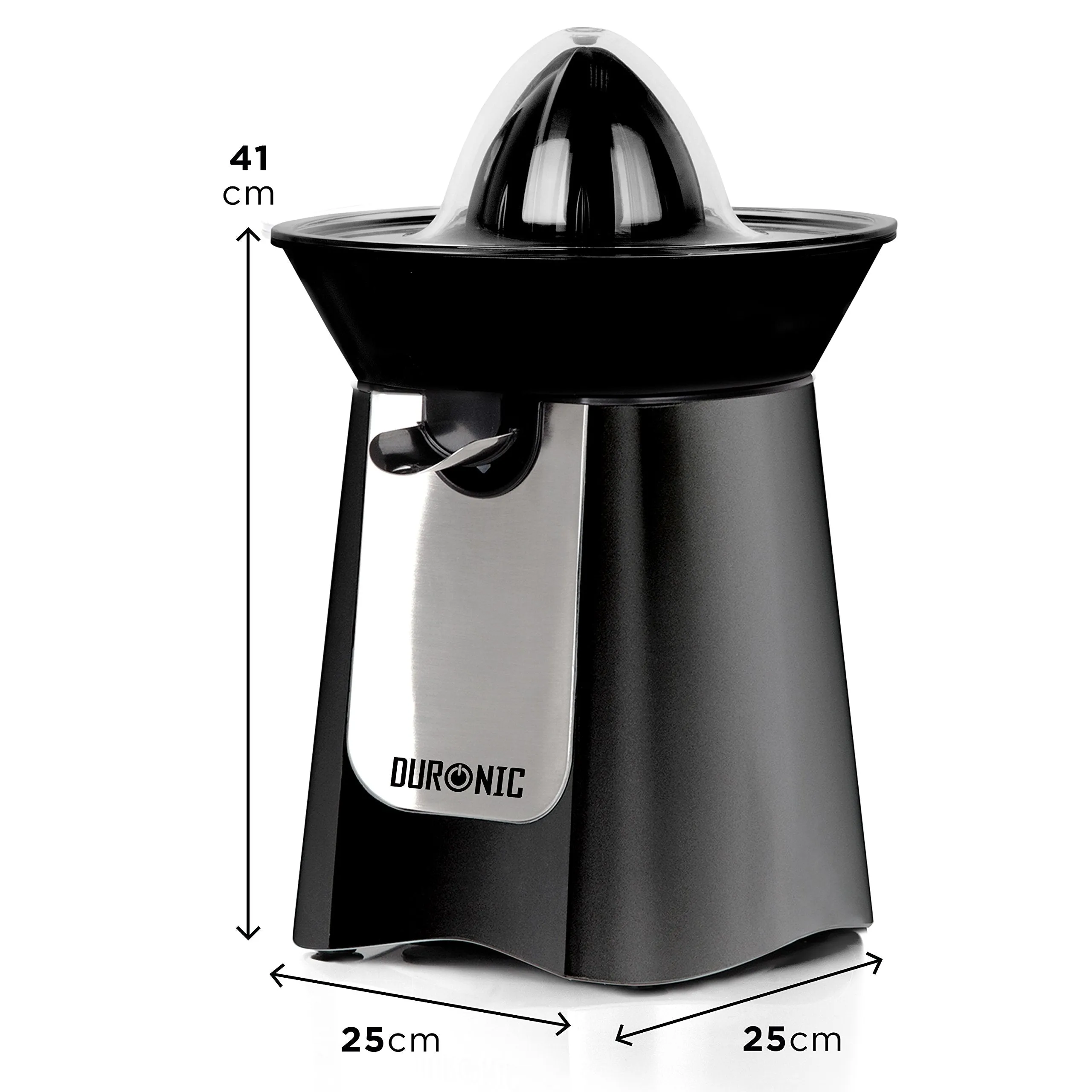 Duronic Citrus Juicer JE6 BK | Electric Juice Extractor | Powerful 100W | Black and Stainless-Steel | 2 Cone Sizes | Dripless Spout | Squeezes and Presses Different Sized Fruits: Oranges, Lemons...