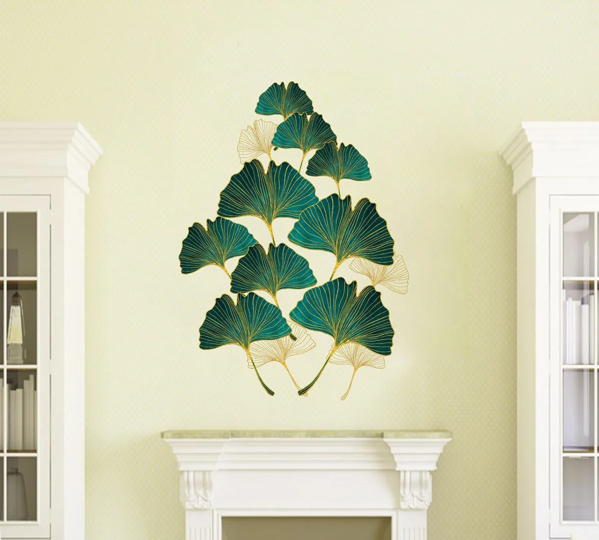 ESP Creation Combo Set of 2 Golden Green Leafs | Hanging Lamp Wall Decals for Hall, Bedroom & Kitchen