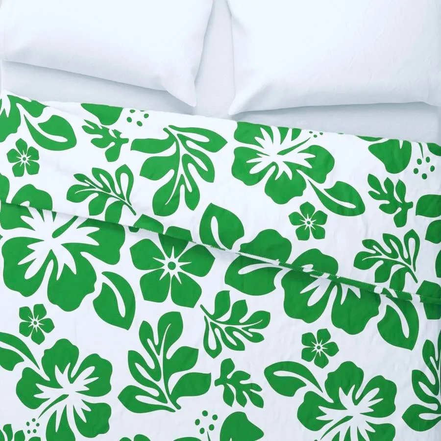 Fresh Green Hawaiian and Hibiscus Flowers on White Duvet Cover -Medium Scale