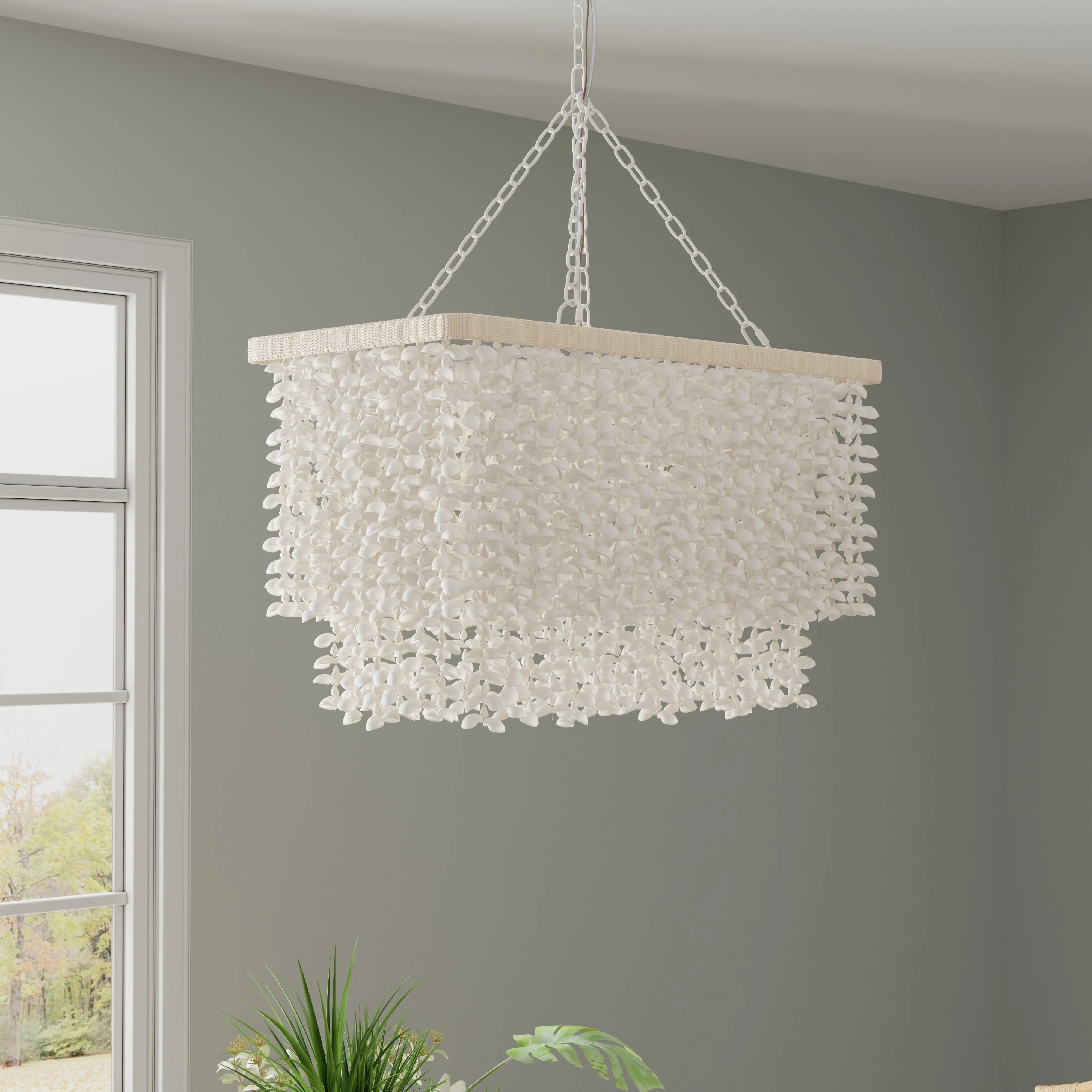 Hanging Lamp with White Clam Shell Curtain - Dining Table Lighting with Hanging Clamshells