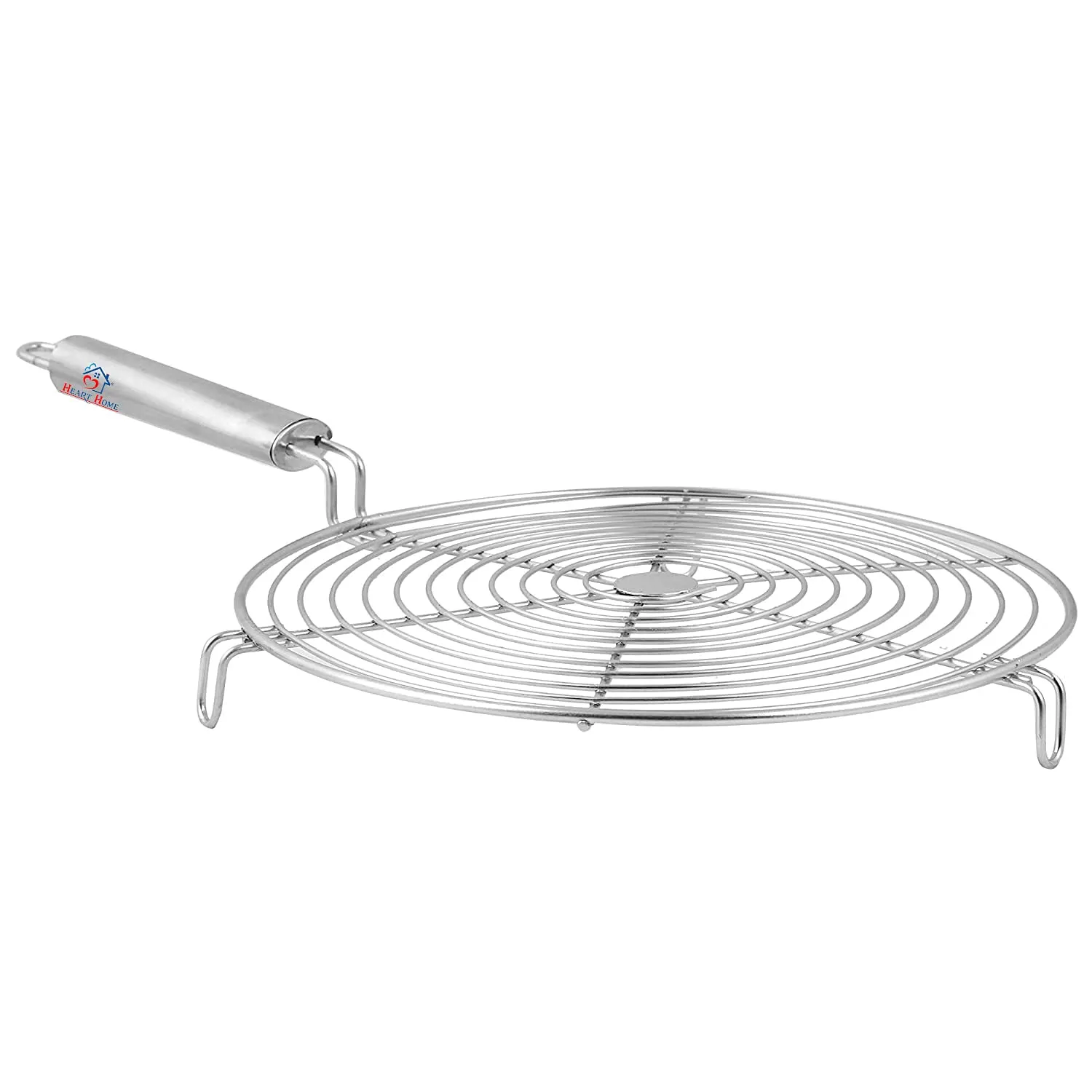 Heart Home Small kitchenware Round Roaster TAndoor Barbeque/Roti/Papad Jali Griller with Steel Handle (Silver)