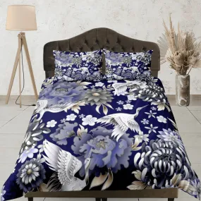 Japanese Crane Blue Duvet Cover Set Colorful Bedspread, Dorm Bedding with Pillowcase