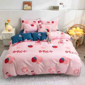 Japanese Strawberry Hearts Pink Cream Bedding Set