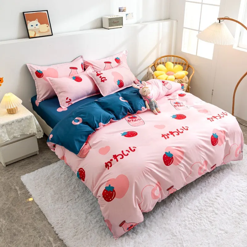 Japanese Strawberry Hearts Pink Cream Bedding Set