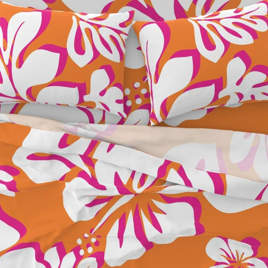 Juicy Orange, White and Surfer Girl Pink Hawaiian and Hibiscus Flowers Sheet Set from Surfer Bedding™️ Large Scale