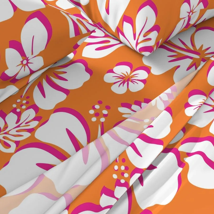 Juicy Orange, White and Surfer Girl Pink Hawaiian and Hibiscus Flowers Sheet Set from Surfer Bedding™️ Medium Scale