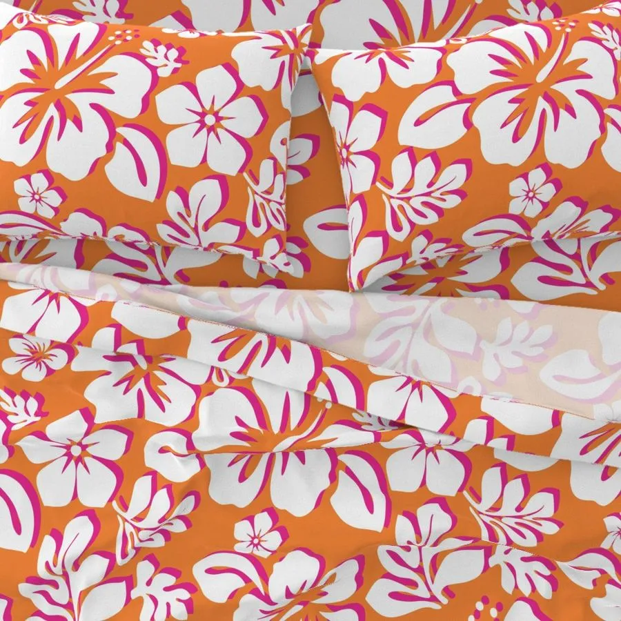 Juicy Orange, White and Surfer Girl Pink Hawaiian and Hibiscus Flowers Sheet Set from Surfer Bedding™️ Medium Scale