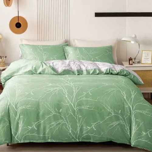 King Size 6 Pieces, Reversible Duvet Cover Set, Green Color, Twigs Design