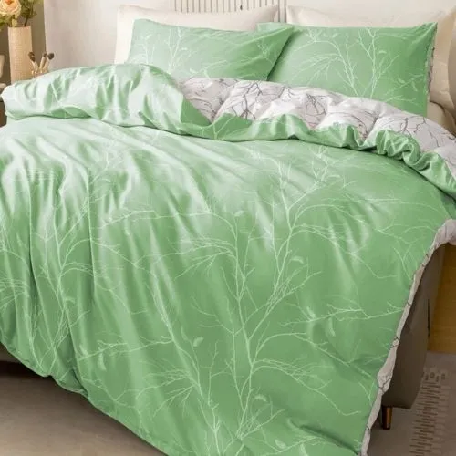 King Size 6 Pieces, Reversible Duvet Cover Set, Green Color, Twigs Design