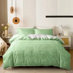 King Size 6 Pieces, Reversible Duvet Cover Set, Green Color, Twigs Design