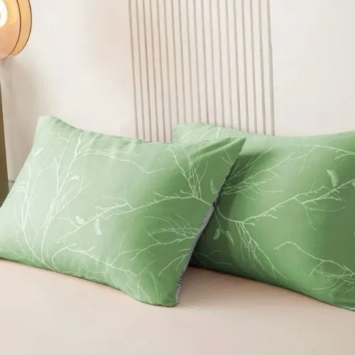 King Size 6 Pieces, Reversible Duvet Cover Set, Green Color, Twigs Design