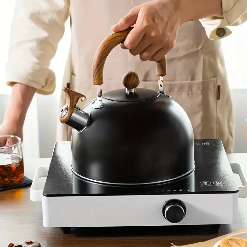 Kitchen Simple Black Kettle With Wood Grain Handle