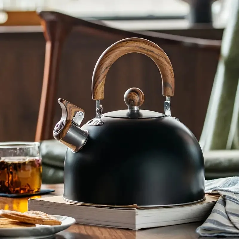 Kitchen Simple Black Kettle With Wood Grain Handle