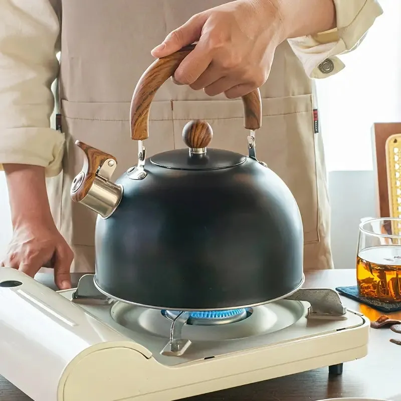 Kitchen Simple Black Kettle With Wood Grain Handle