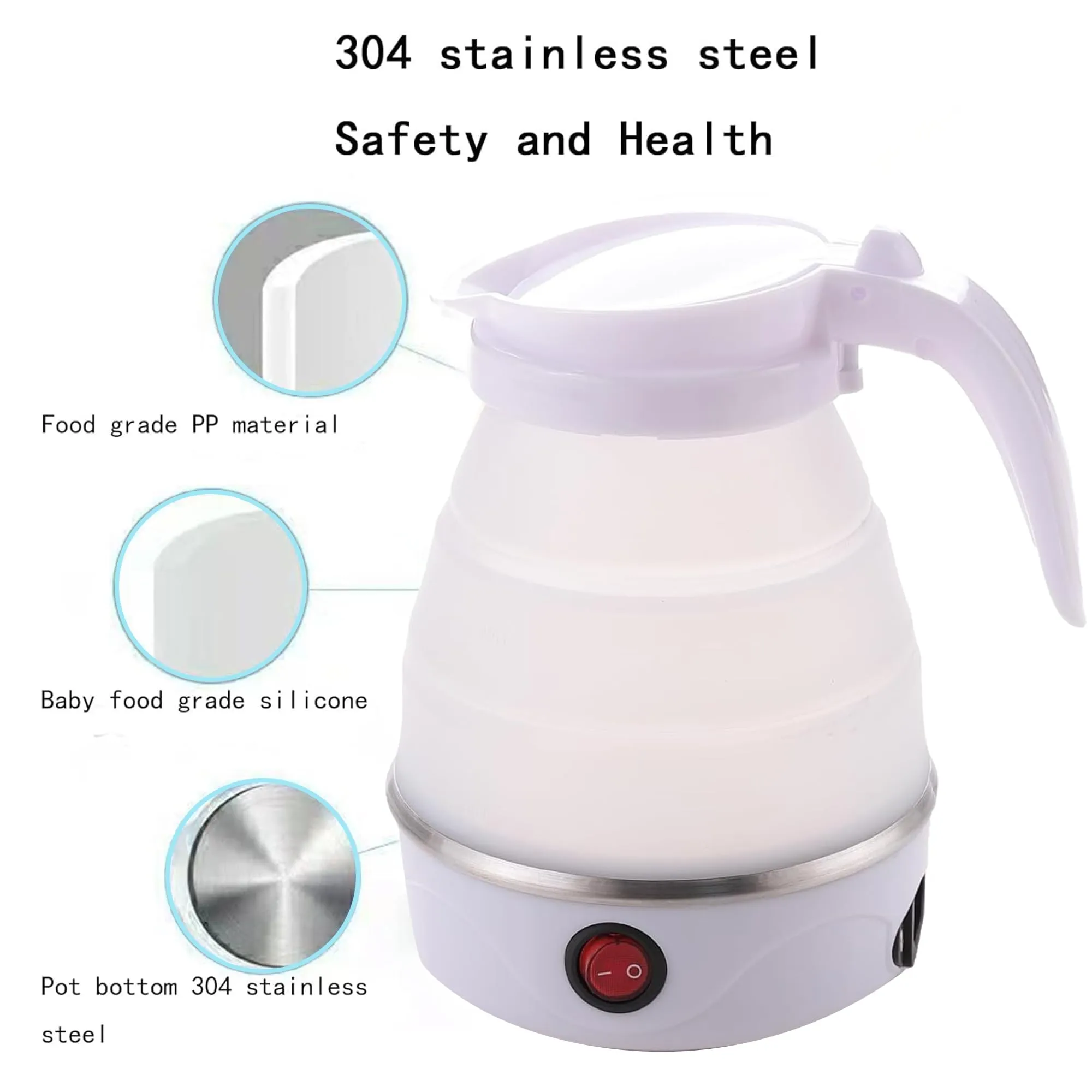 Kuber Industries Pack of 3 Foldable Electric Kettle 600 ML|Silicone Body With 304-Stainless Steel Base|Leak Proof Design|Multipurpose Portable Electric Kettle for Travel, Office & Home|600W|White