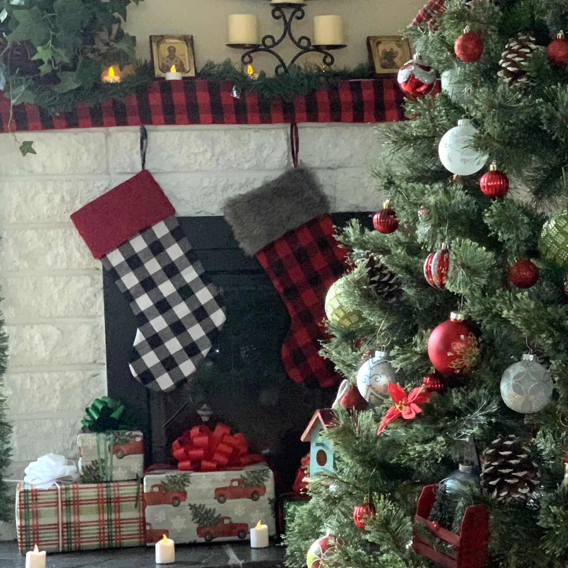 Large Black and White Buffalo Plaid Christmas Stocking - 20" H, 8" W