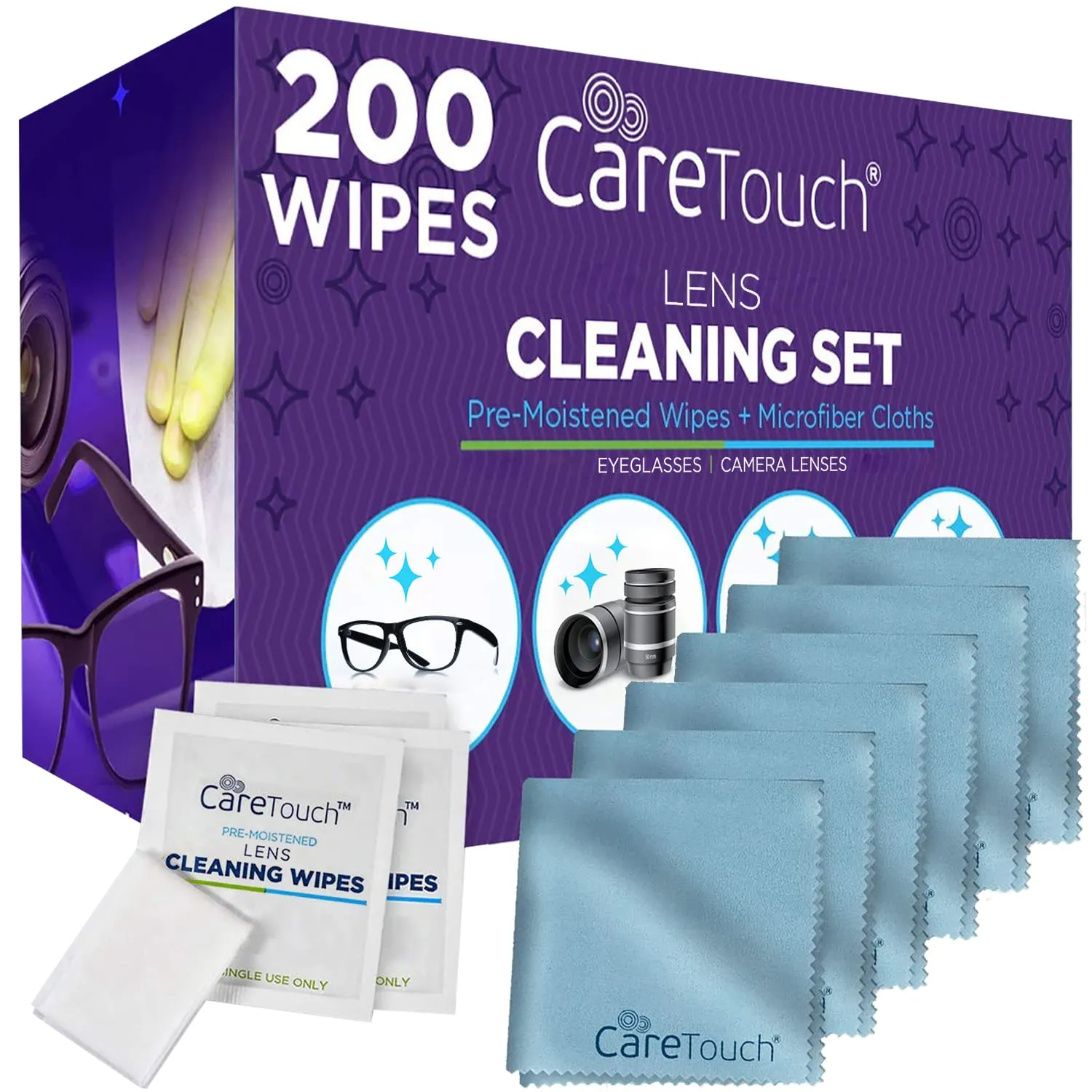 Lens Cleaning Wipes With Microfiber Cloths - 200 Lens Wipes For Eyeglasses & 6