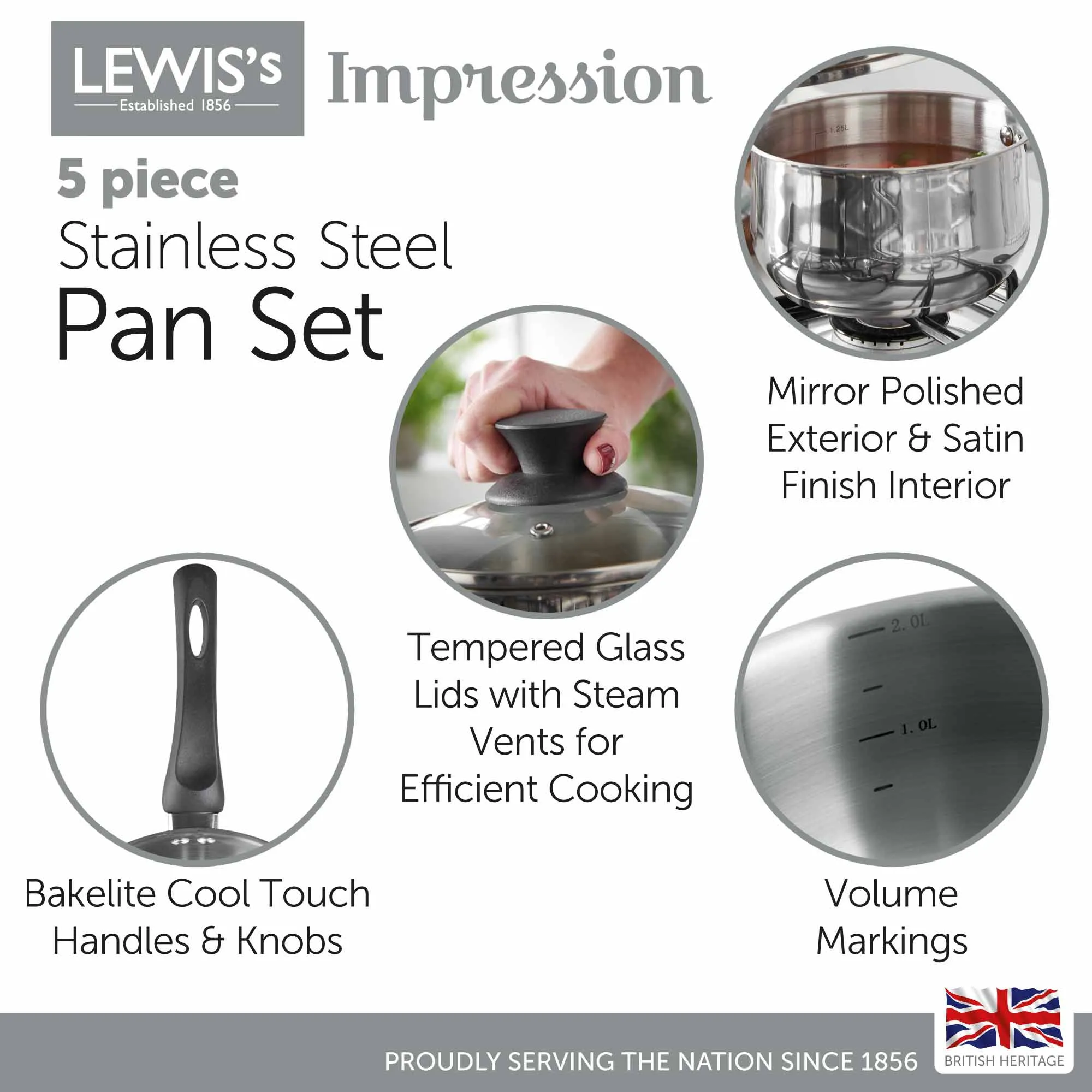 Lewis's 5 Piece Stainless Steel Pan Set with Bakelite Handle & Knob Home Kitchen