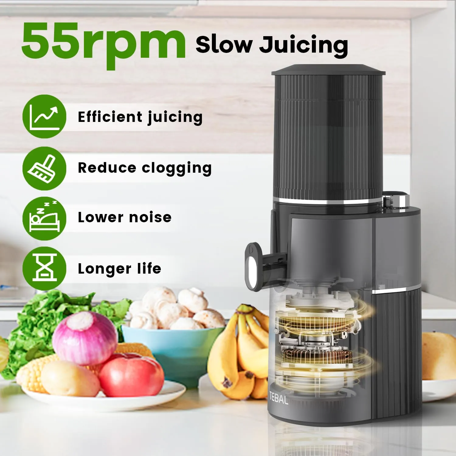 Masticating Juicer, Master Cold Press Juicer with 4.1-inch (104mm) Extra Large Rotary Feed Chute