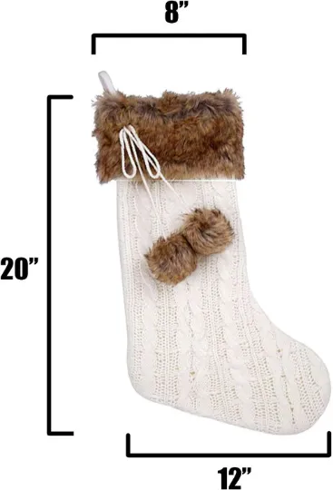 Modern White Knit Christmas Stocking - 20" H, 8" W, Brown Faux Fur Boot Cuff and Pompoms