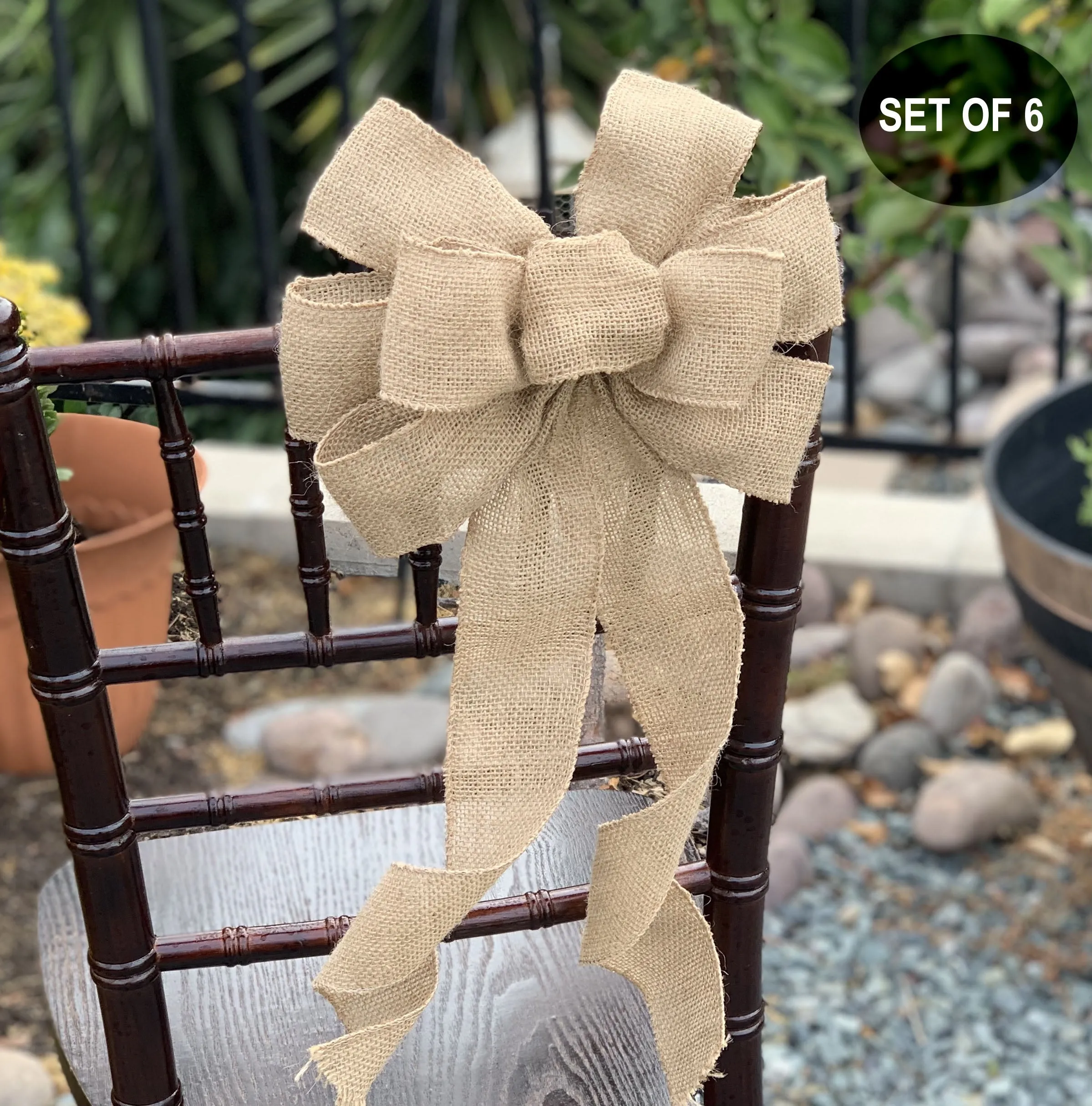 Natural Burlap Ribbon Wedding Bows - 10" Wide, 18" Long Tails, Set of 6