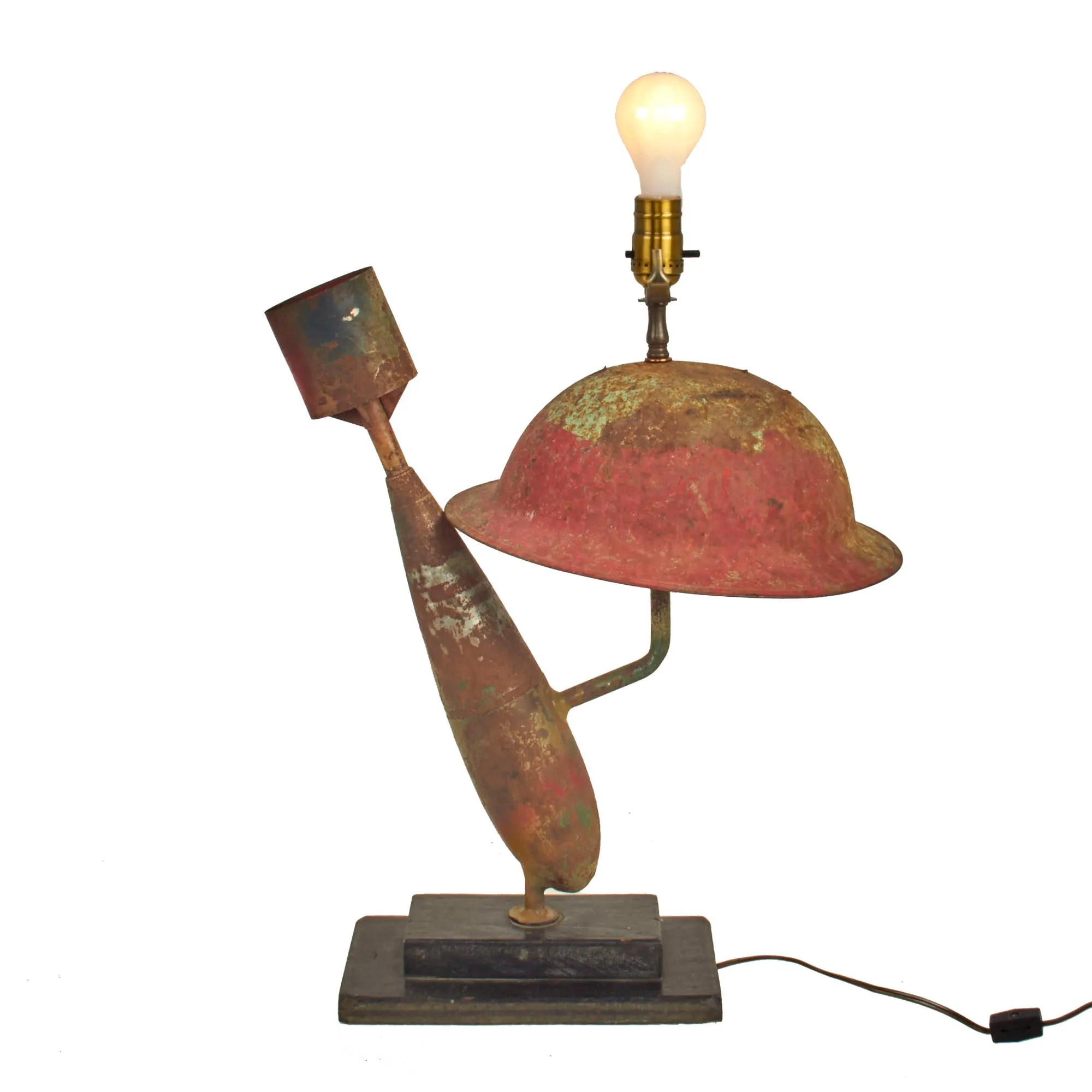 Original British WWI “Trench Art” Lamp Constructed Out Of Mk 1 Brodie Helmet and Inert Royal Flying Corps Aerial Bomb - Functional