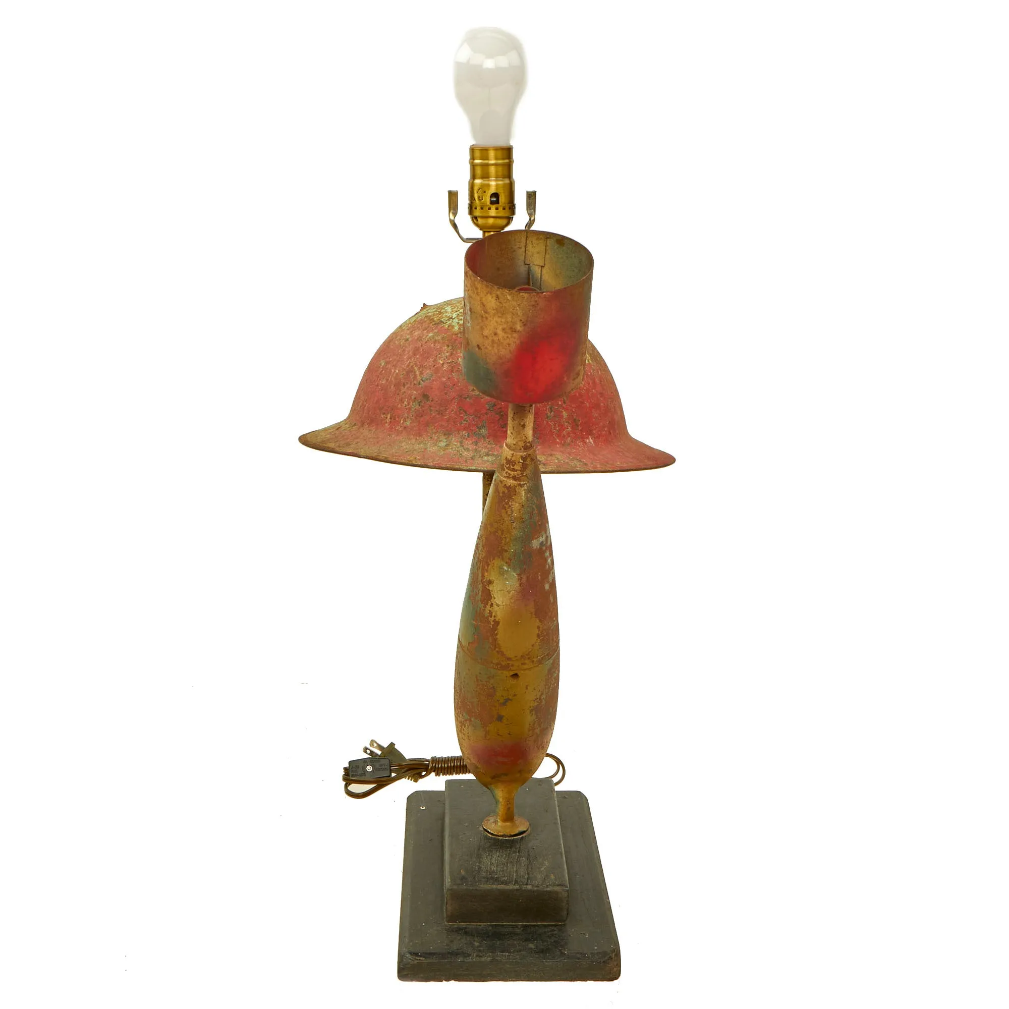 Original British WWI “Trench Art” Lamp Constructed Out Of Mk 1 Brodie Helmet and Inert Royal Flying Corps Aerial Bomb - Functional