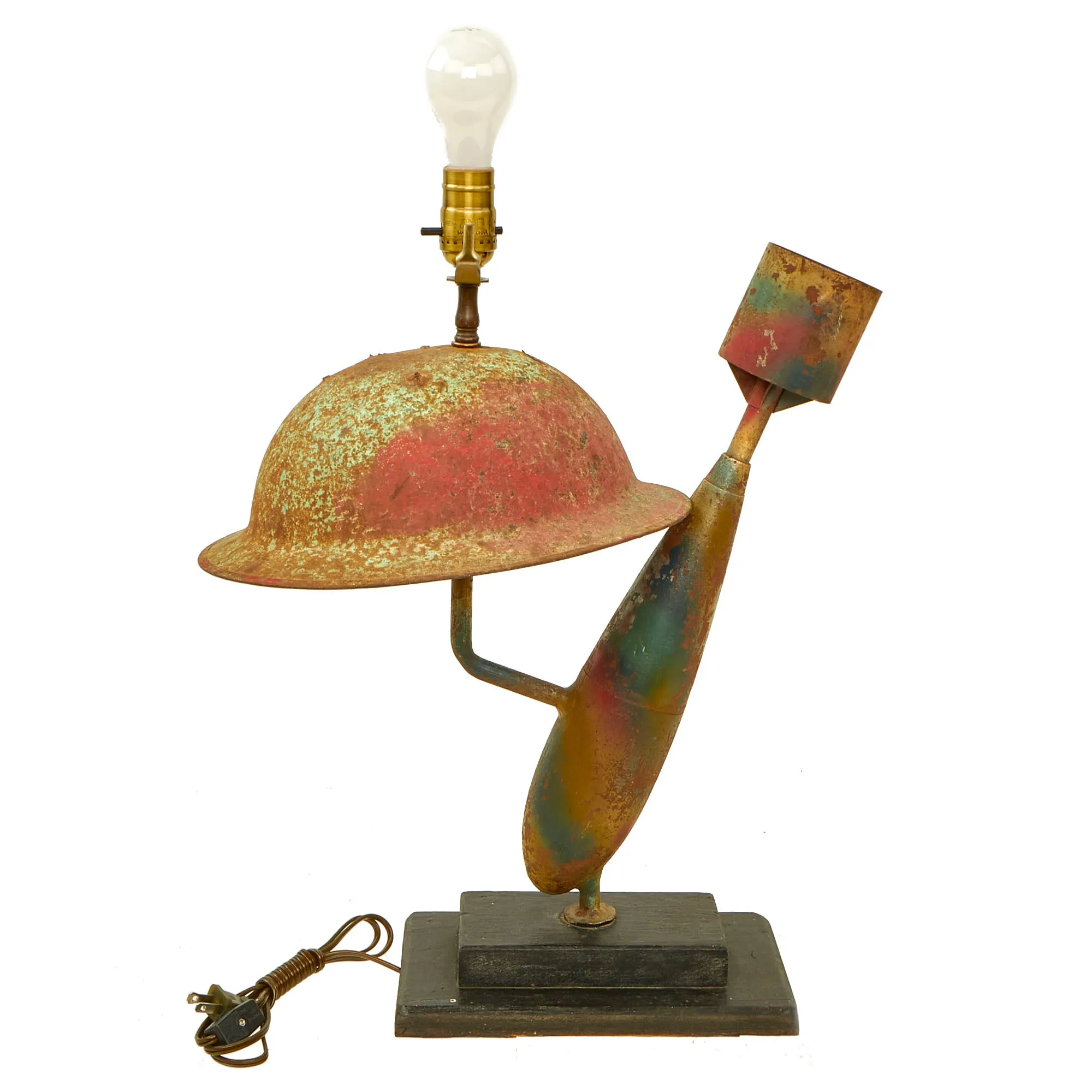 Original British WWI “Trench Art” Lamp Constructed Out Of Mk 1 Brodie Helmet and Inert Royal Flying Corps Aerial Bomb - Functional