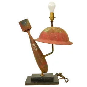 Original British WWI “Trench Art” Lamp Constructed Out Of Mk 1 Brodie Helmet and Inert Royal Flying Corps Aerial Bomb - Functional