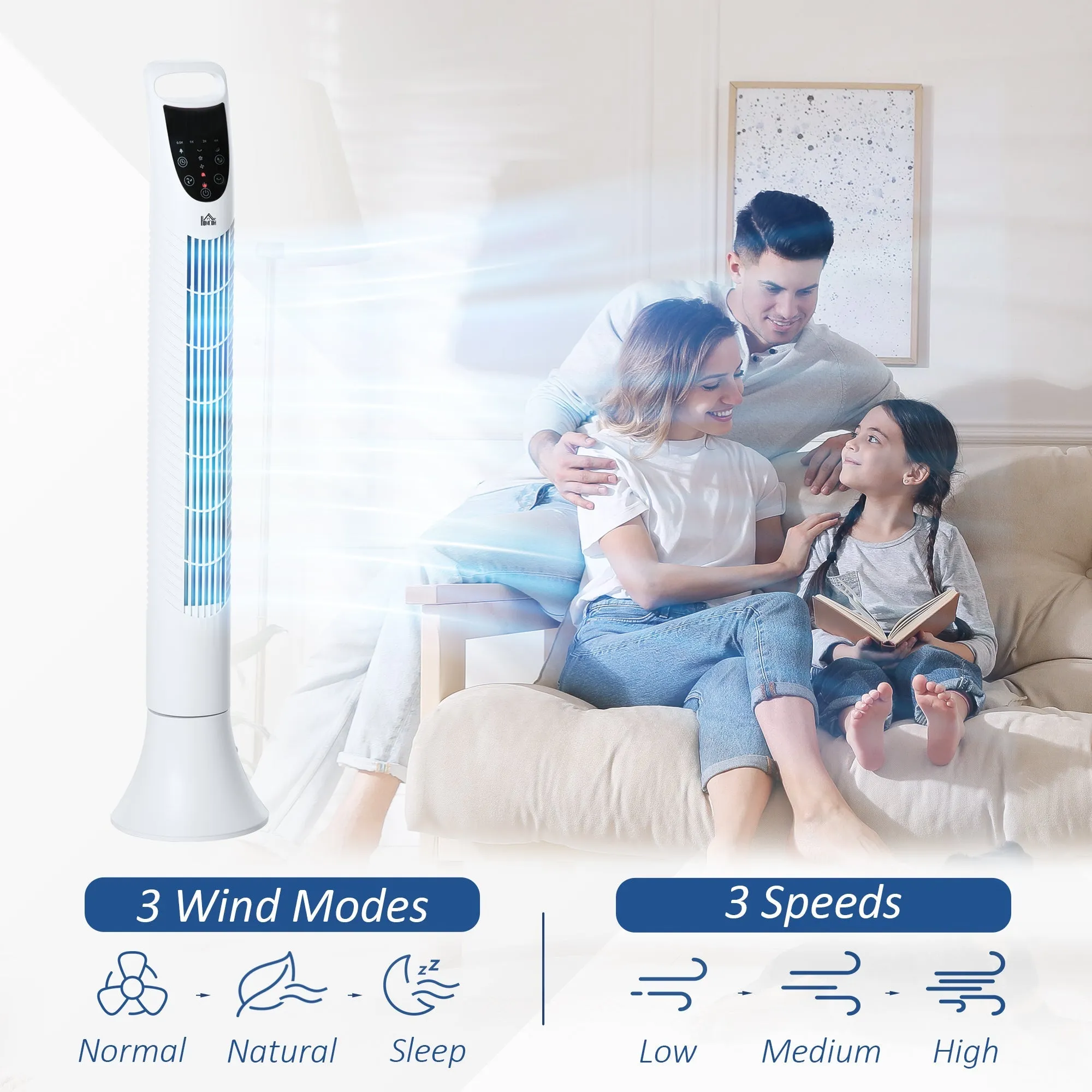 Oscillating Three Speed Tower Fan With Timer & Remote Control White