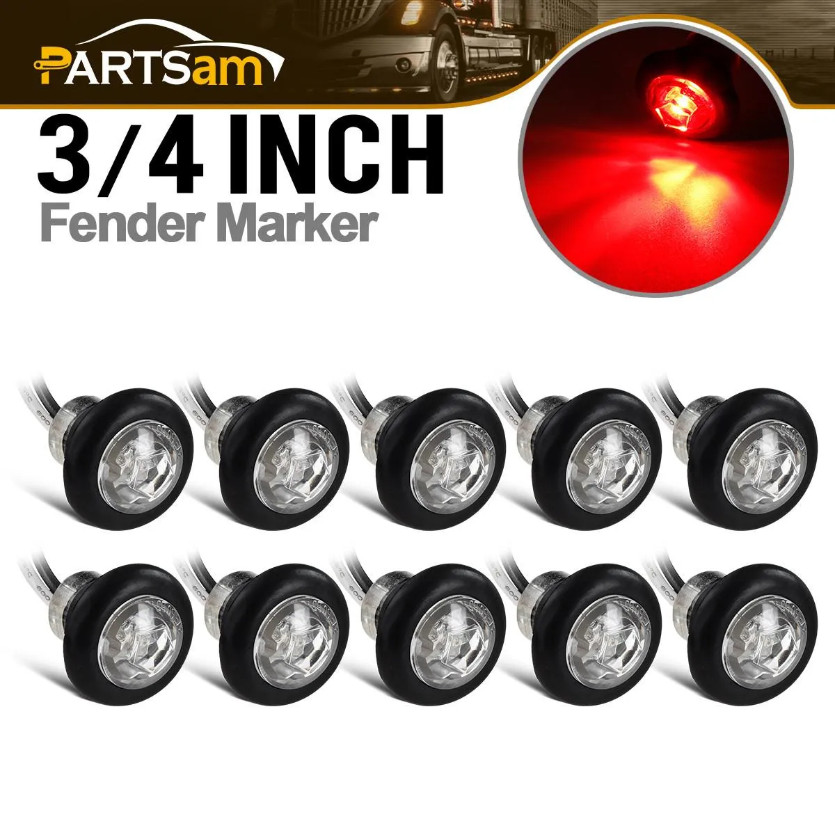 Partsam 10x 3/4" Mini Round Red Led Side Marker Lights Grommet Mount w Plug Connectors Waterproof Sealed Boat Trailer Truck RV Bus Van Bullet Side Led Marker Lights Lamps Clear Lens 12V