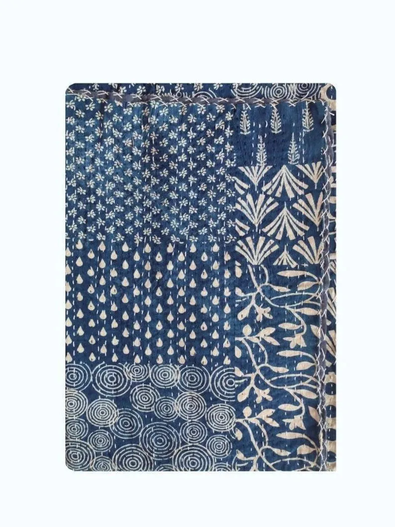 Patchwork Print - Indigo Kantha Quilt, Kantha Bedcover, Coverlets, Kantha Throw