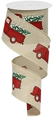 Pickup Truck Wired Christmas Ribbon - 2 1/2" x 10 Yards