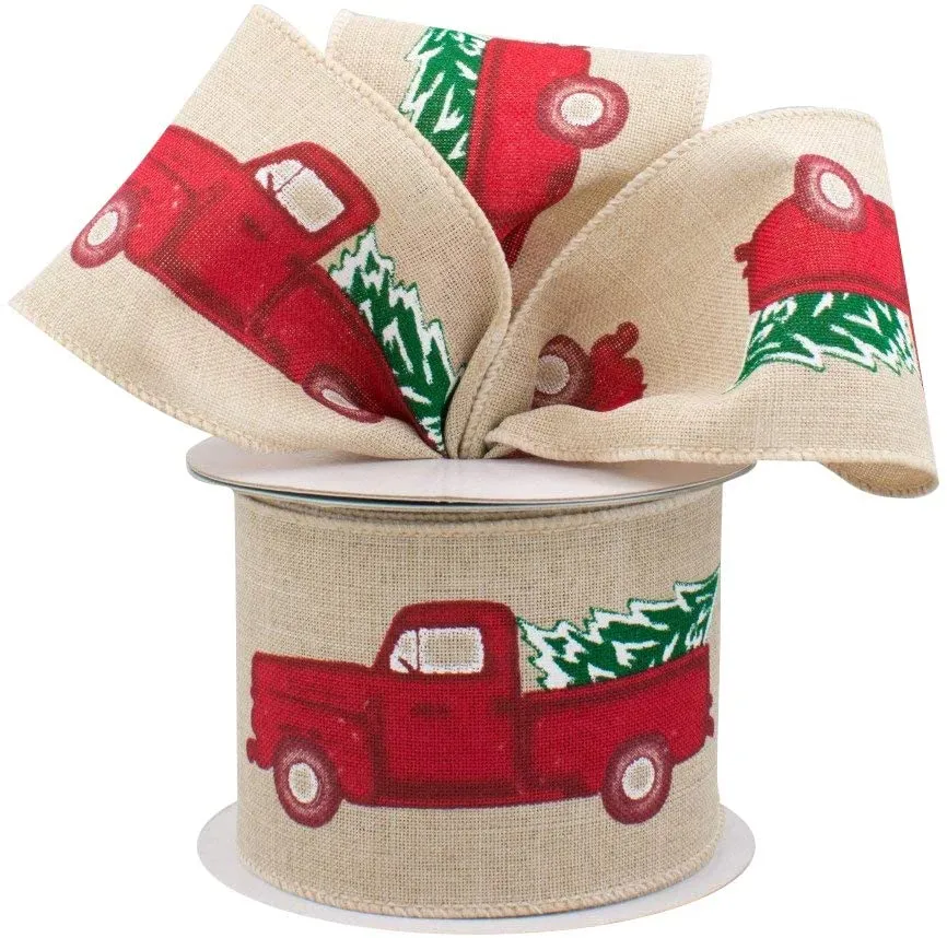 Pickup Truck Wired Christmas Ribbon - 2 1/2" x 10 Yards