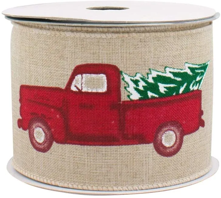 Pickup Truck Wired Christmas Ribbon - 2 1/2" x 10 Yards