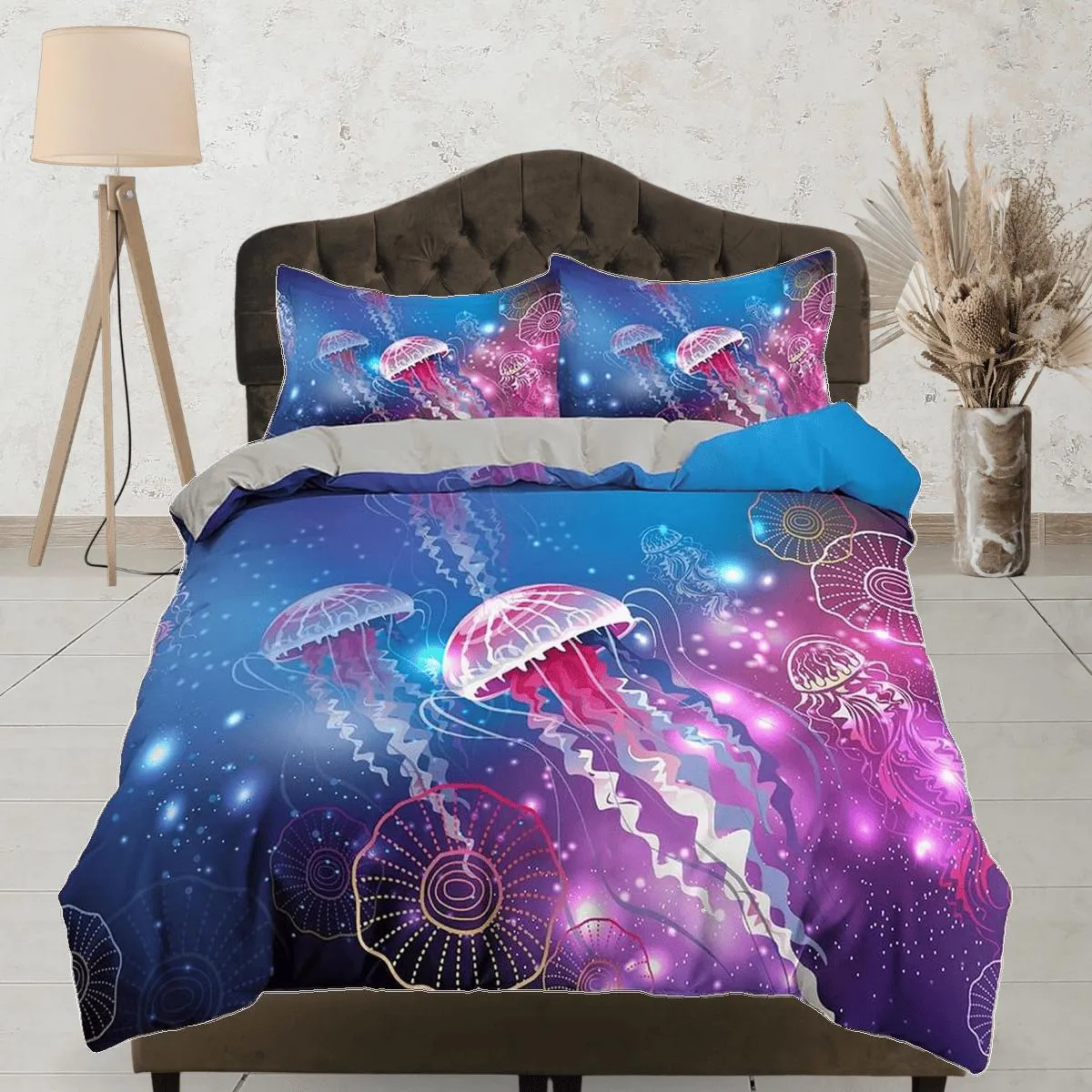 Pink glowing jellyfish bedding colorful duvet cover, ocean blush sea animal bedding set full king queen twin crib toddler, dorm bedding gift