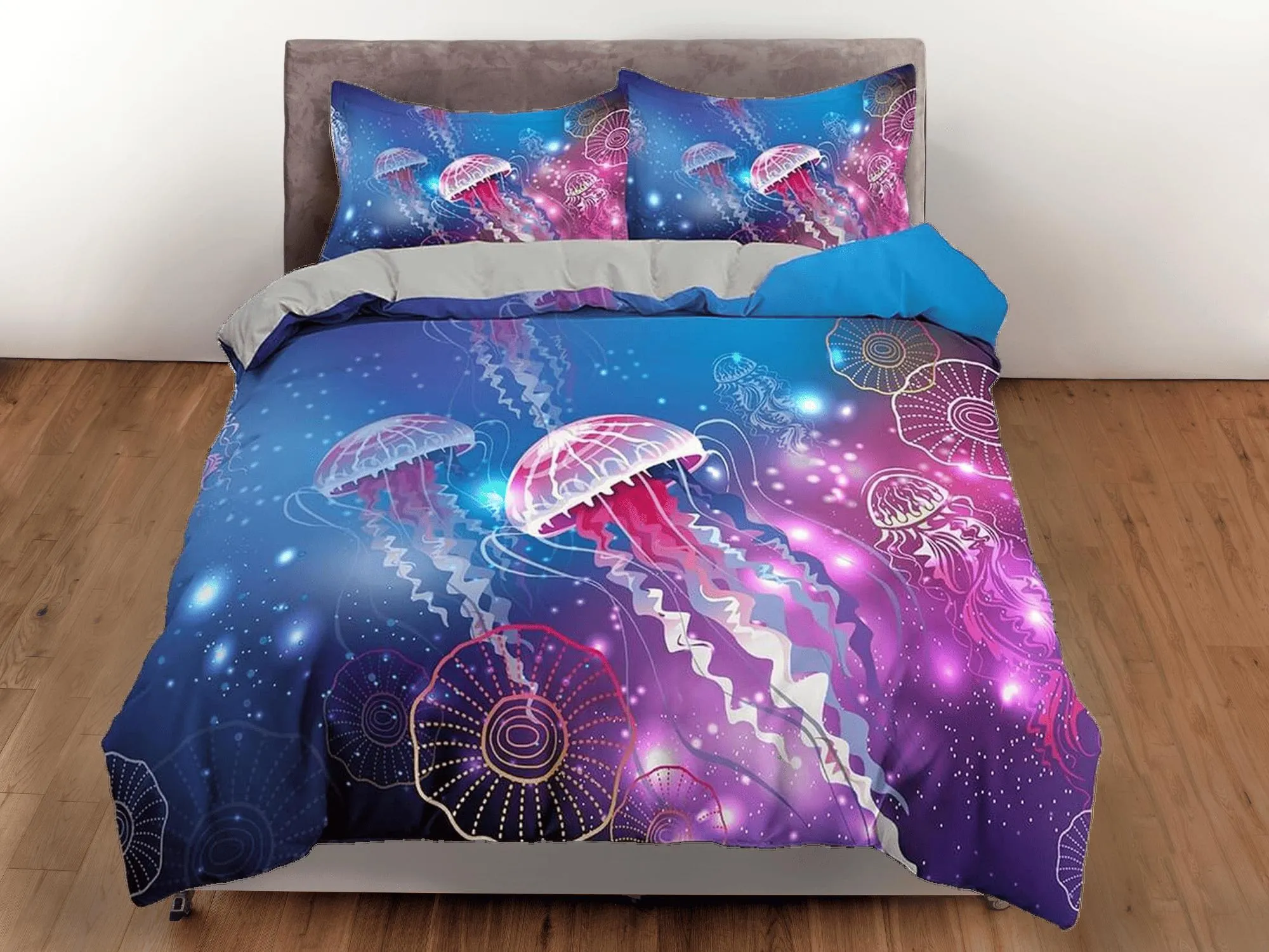 Pink glowing jellyfish bedding colorful duvet cover, ocean blush sea animal bedding set full king queen twin crib toddler, dorm bedding gift