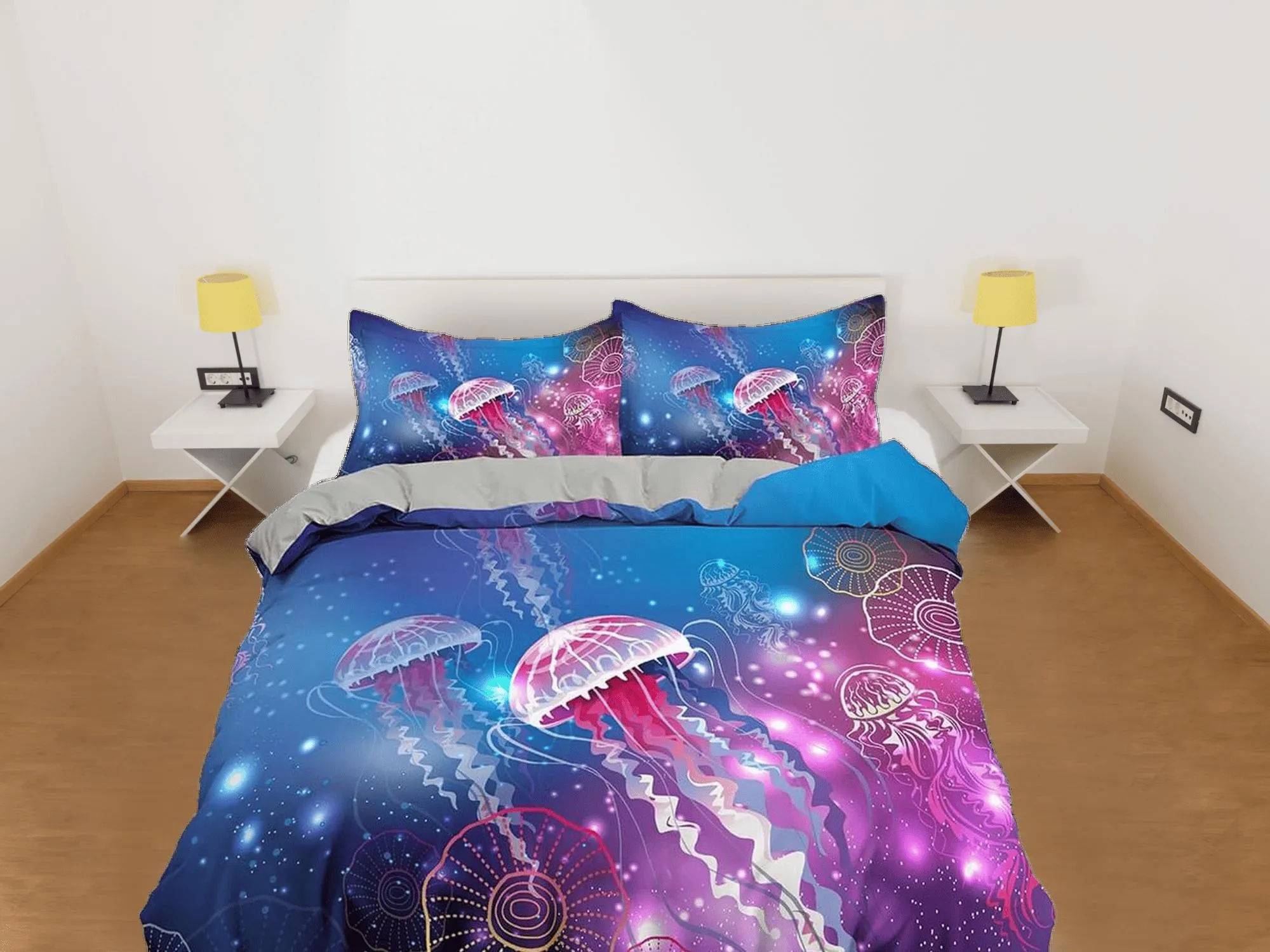 Pink glowing jellyfish bedding colorful duvet cover, ocean blush sea animal bedding set full king queen twin crib toddler, dorm bedding gift