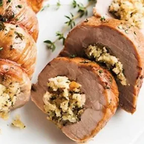 Pork Tenderloin Stuffed with Goat Cheese, Caramelized Onions & Walnuts, Side of Roasted Potatoes*