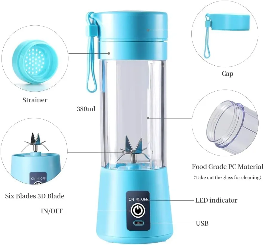 Portable Blender, USB Rechargeable Mini Juicer Blender, Electric Juicer Bottle Blender Grinder Mixer, Personal Size Blender for Juices, Shakes and Smoothies, Fruit Juicer Machine