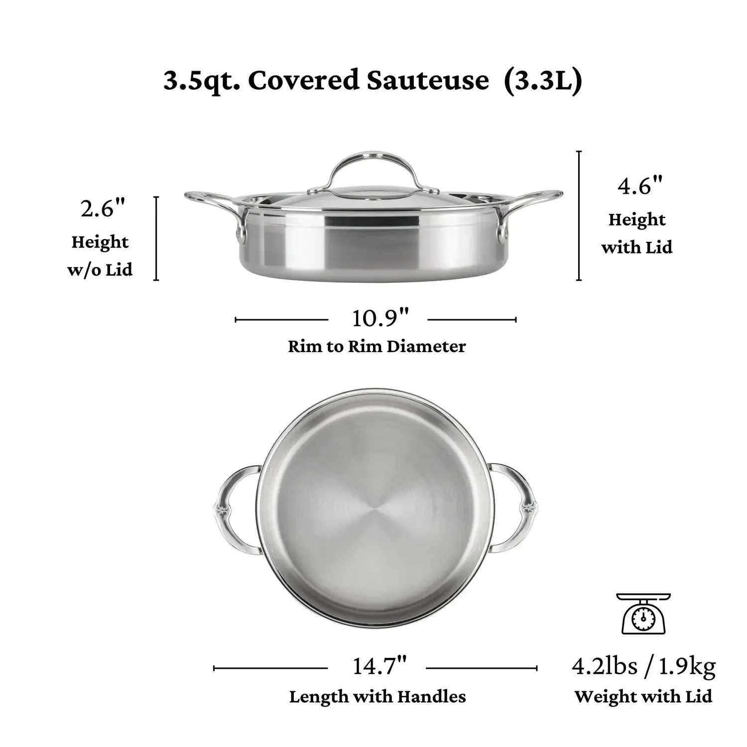 Professional Clad Stainless Steel Sauteuse with Lid, 3.5-Quart