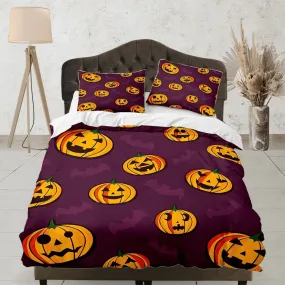 Pumpkin and bat halloween bedding & pillowcase, violet duvet cover set dorm bedding, halloween decor, nursery toddler bedding halloween gift