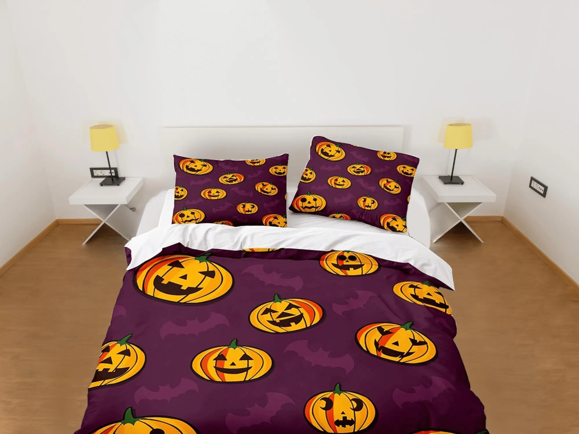 Pumpkin and bat halloween bedding & pillowcase, violet duvet cover set dorm bedding, halloween decor, nursery toddler bedding halloween gift