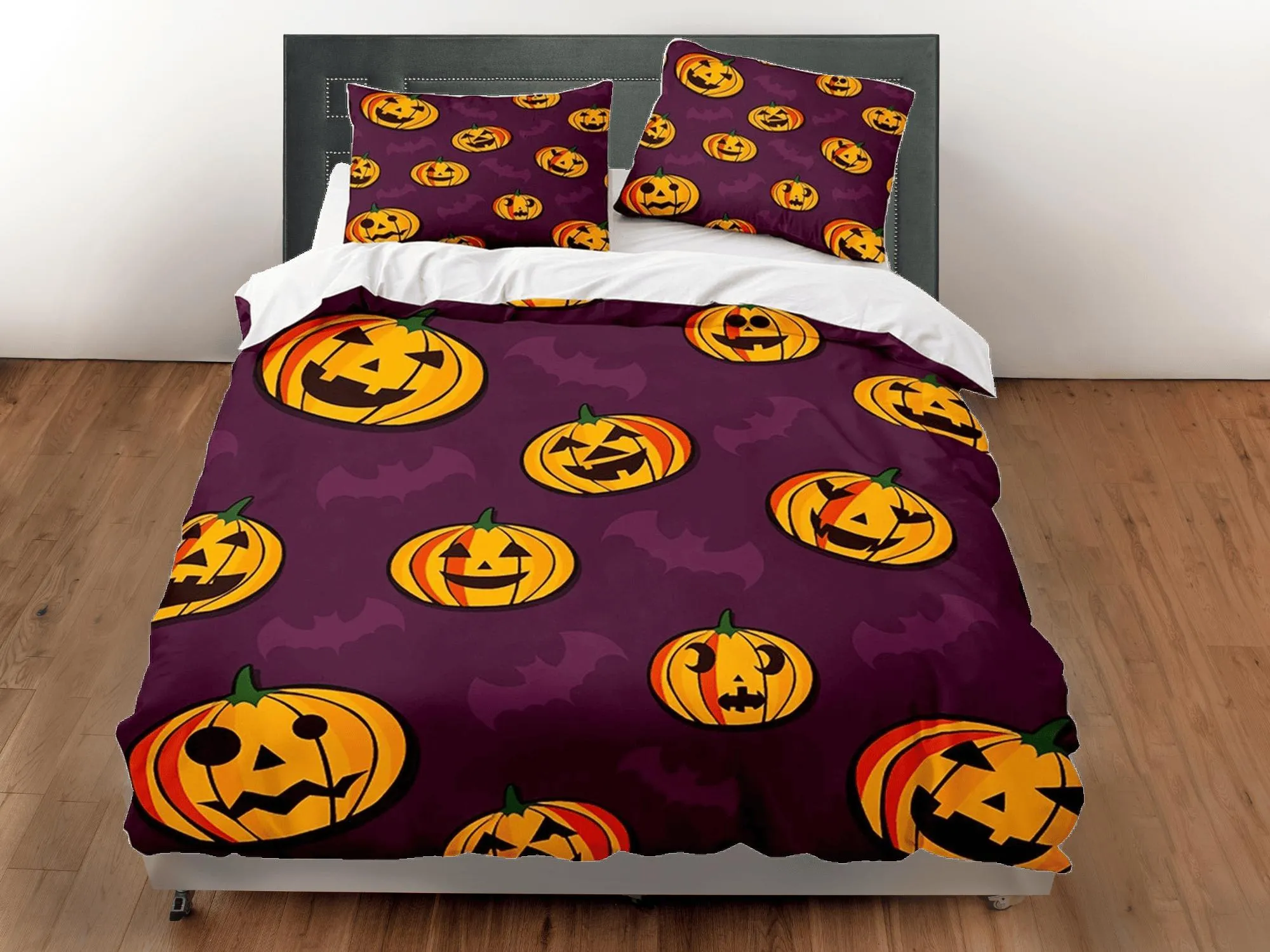 Pumpkin and bat halloween bedding & pillowcase, violet duvet cover set dorm bedding, halloween decor, nursery toddler bedding halloween gift