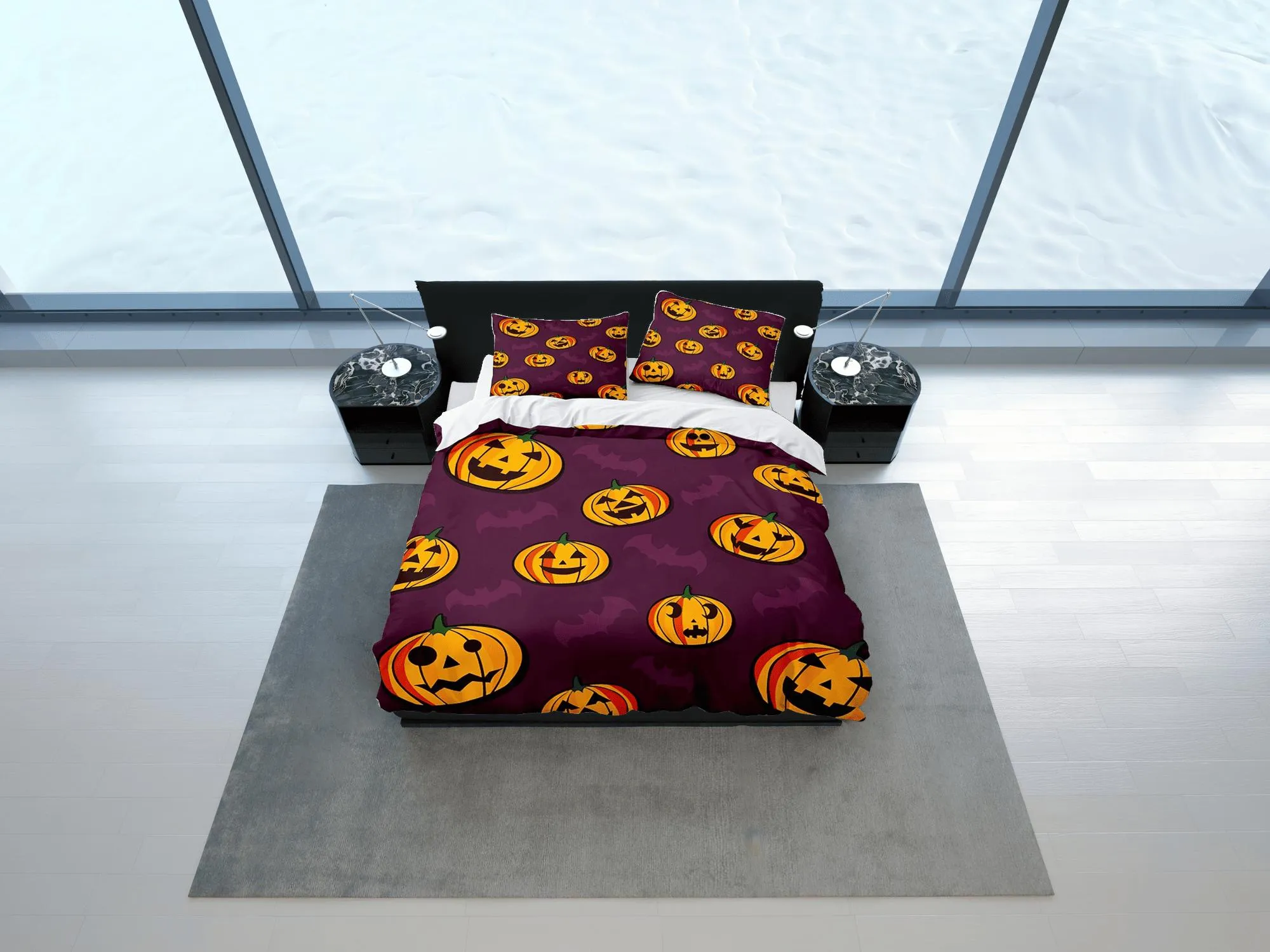 Pumpkin and bat halloween bedding & pillowcase, violet duvet cover set dorm bedding, halloween decor, nursery toddler bedding halloween gift