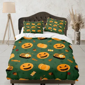 Pumpkin halloween full bedding & pillowcase, green duvet cover set dorm bedding, halloween decor, nursery toddler bedding, halloween gift