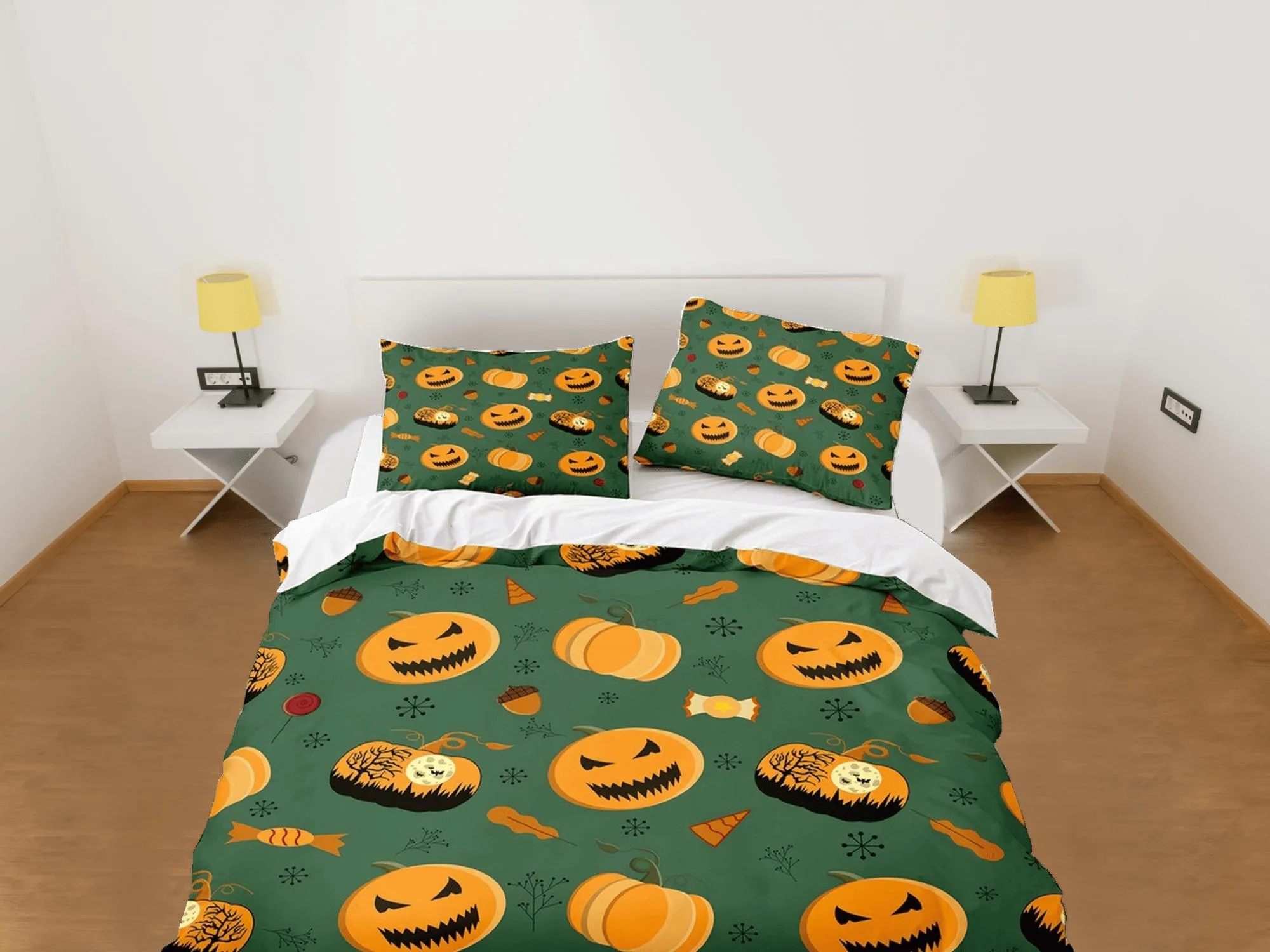 Pumpkin halloween full bedding & pillowcase, green duvet cover set dorm bedding, halloween decor, nursery toddler bedding, halloween gift