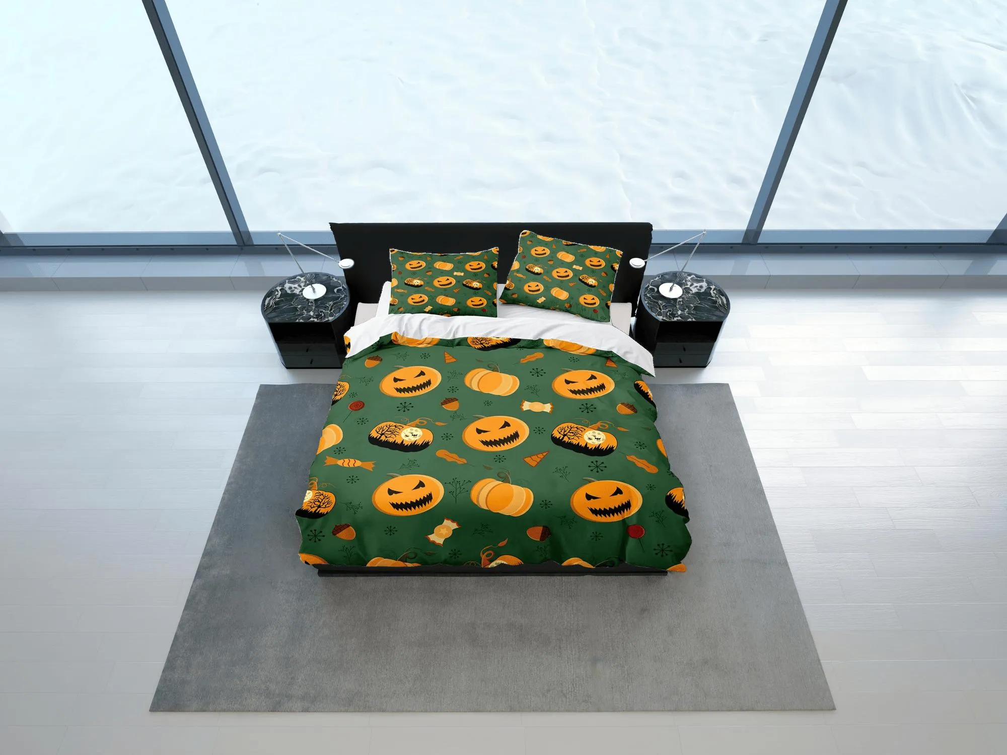 Pumpkin halloween full bedding & pillowcase, green duvet cover set dorm bedding, halloween decor, nursery toddler bedding, halloween gift