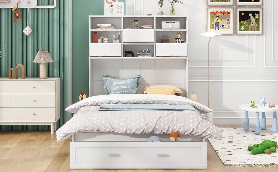 Queen Size Murphy Bed with Bookcase, Bedside Shelves and a Big Drawer, White